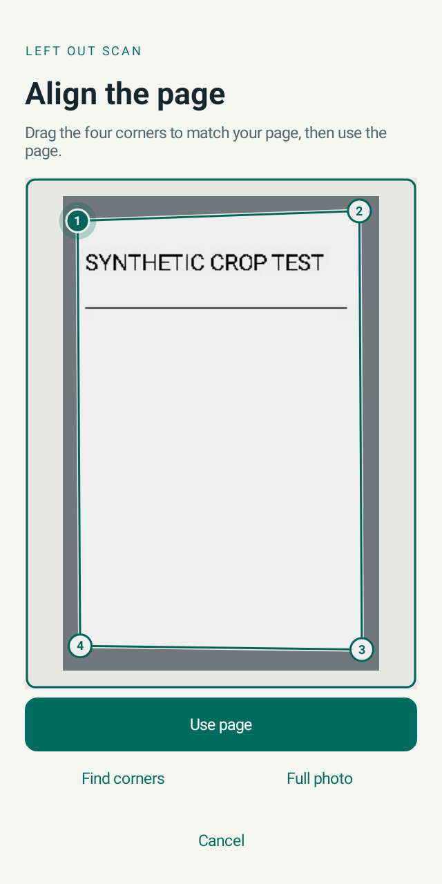 Left Out Scan page alignment screen with four adjustable corners around a synthetic test page