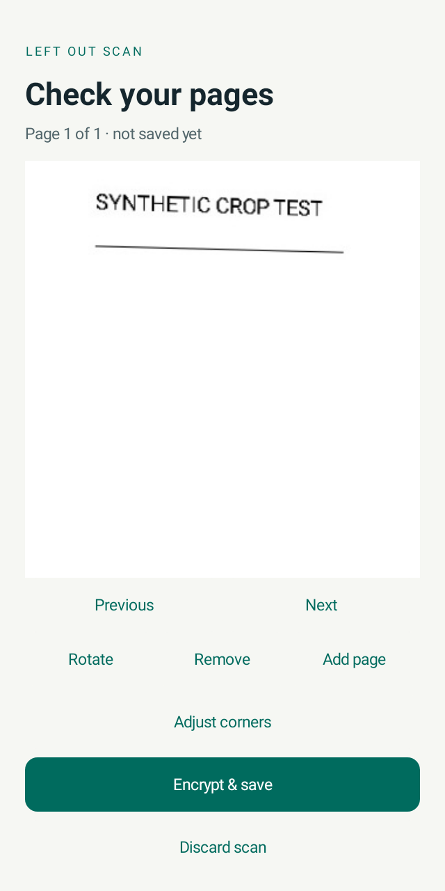 Left Out Scan review screen showing a processed synthetic page with Adjust corners and Encrypt and save controls