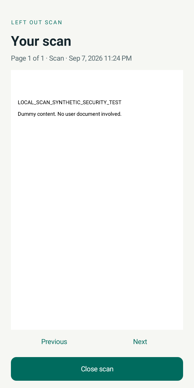 Left Out Scan built-in PDF reader displaying a synthetic test document